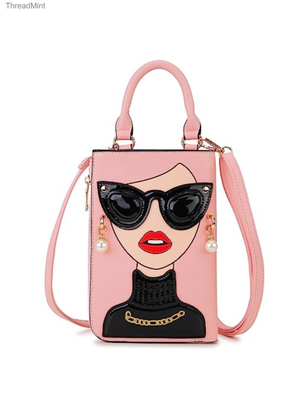 Faux Leather Satchel Handbag with Pearl Earring Decoration
